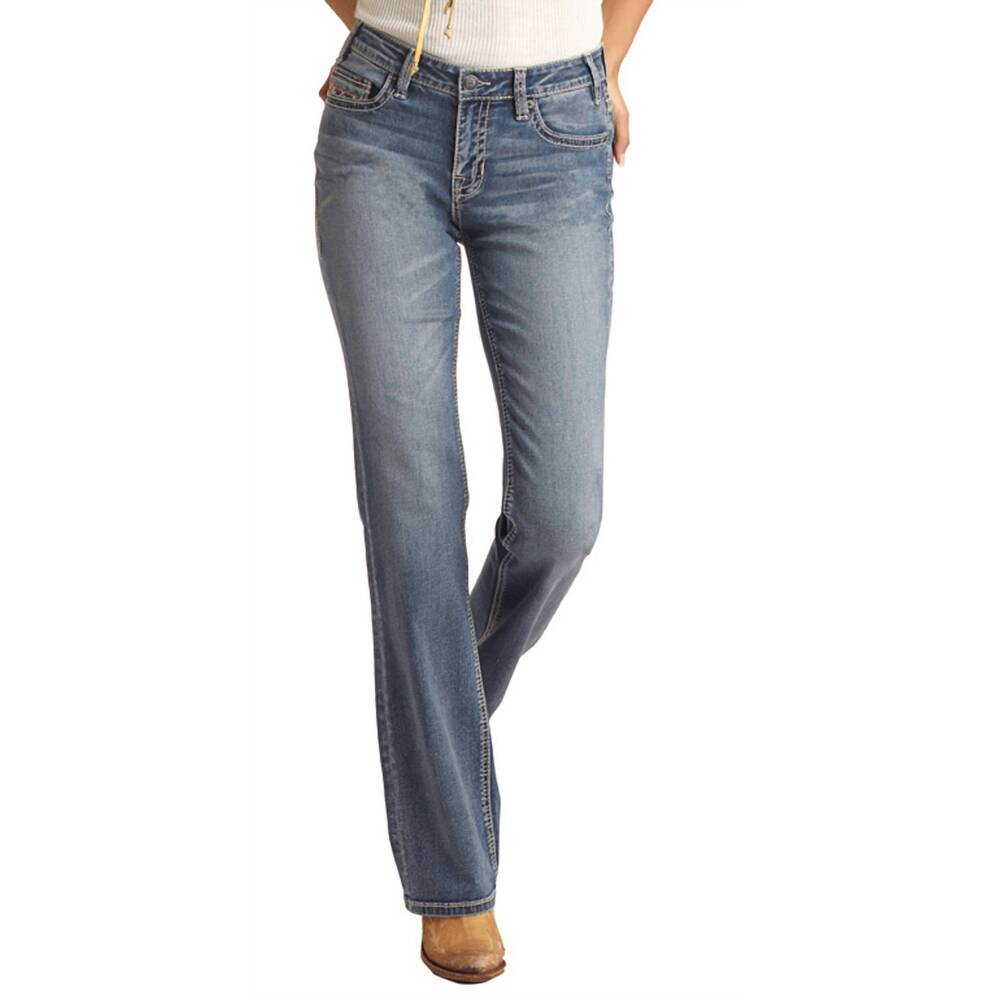 NEW ROCK & ROLL DENIM women's mid rise extra stretch bootcut jeans in aqua aztec